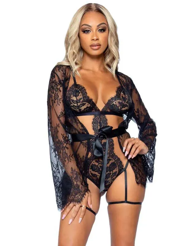Leg Avenue Anal All Romance Lace Teddy and Robe Set Medium Black