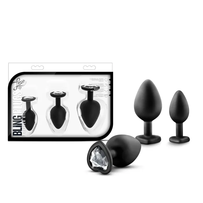 Luxe Anal Luxe Bling Plugs Training Kit Black With White Gems Anal Plug
