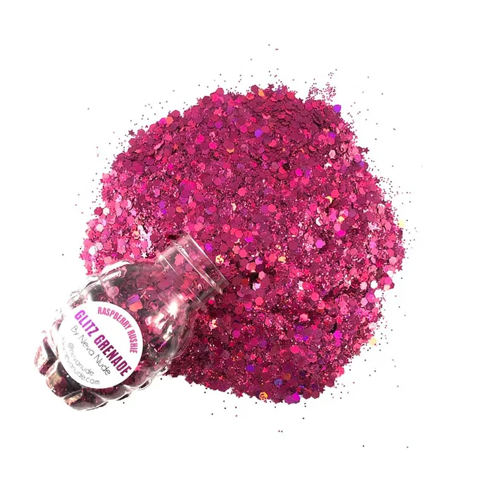 Raspberry Rushie Cosmetic Glitter Glitz Grenade Keychain in Aloe Gel Neva Nude Enhancers