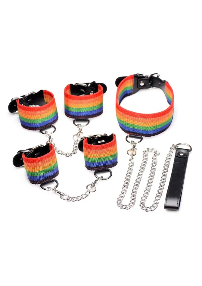 Master Series Restraints Kinky Pride Rainbow Bondage Set WristAnkle Cuffs and Collar with Leash